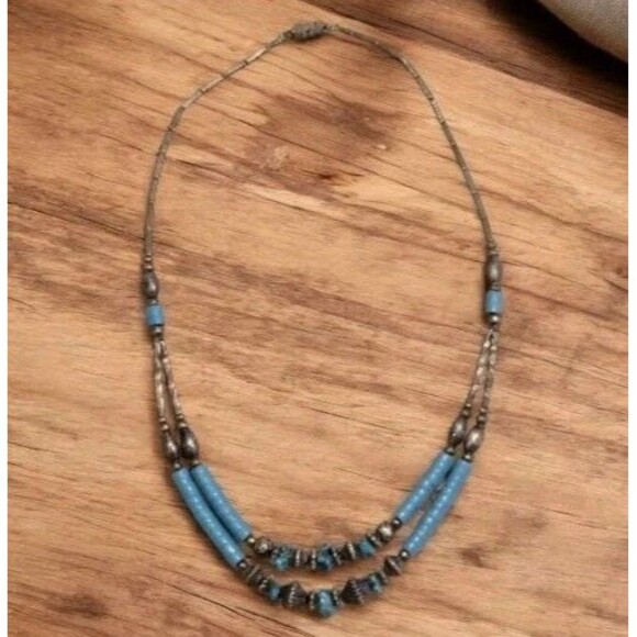 Vintage Liquid Silver Turquoise 1970s Southwestern Native American  Necklace - Picture 1 of 6